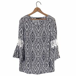 Zac & Rachel Floral Lace Trimmed Bell Sleeve Blouse Black & White Scoop Neck Top
